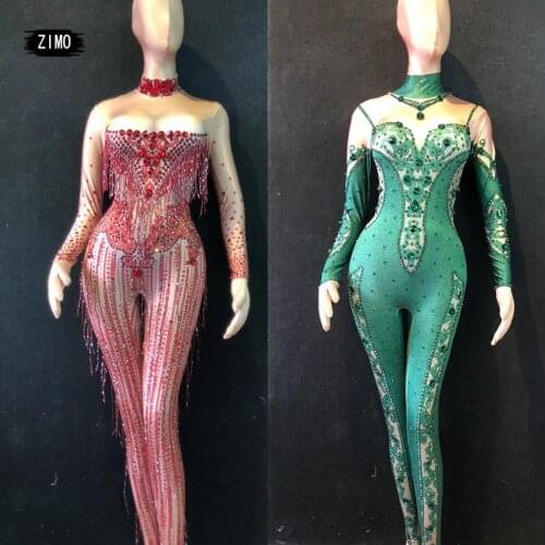 Tassel rhinestone Crystal Nightclub green red jumpsuit nude Party Singer Stage Wear Performance pole Dance Costume rave festival