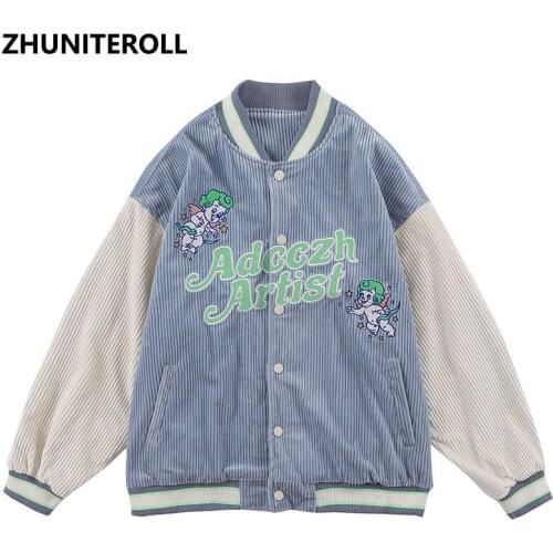2021 Embroidery Harajuku Patchwork Jacket Men Corduroy Bomber Jackets Fashion Baseball Coats Streetwear Windbreaker College Tops