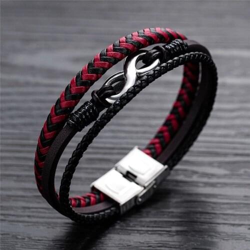 Top Quality Stainless Steel Black Color Colors Matching PU Leather Charm Bracelets New Fashion Jewelry Multi-Chain Bracelet Men