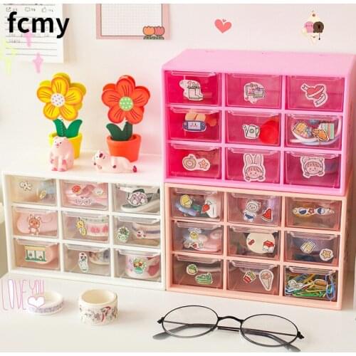 New 9-grid Storage Box Drawer Organizers Transparent Cosmetic Storage Box Drawer Makeup Stationery Organizer Girl Bedroom Decor