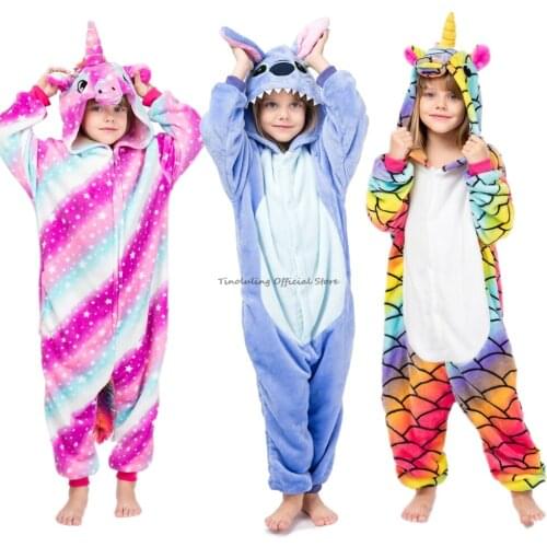Kigurumi Unicorn Sleepwear For Girls Boys Children Kids Animal Panda Stitch Dinosaur Tiger Onesies Hooded Pajamas