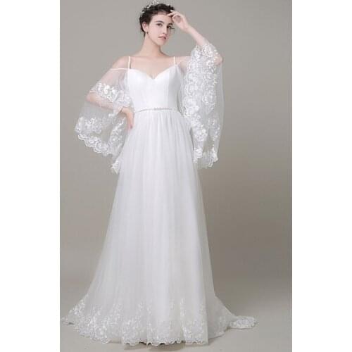 Boho Beach Wedding Dress Detachabel Sleeves Court Train A-line Off-The-Shoulder Lace Tulle Bridal Gown