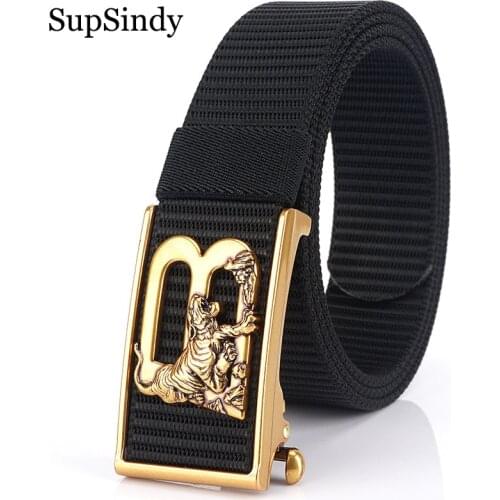 SupSindy Mans nylon belt luxury gold tiger metal automatic buckle Canvas Belts for men fashion jeans Waistband black male strap