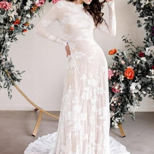 Long Sleeves With Lace Appliques Wedding Dresses 2021 Nude Lining Sheer Backless Beach Boho Bridal Gowns