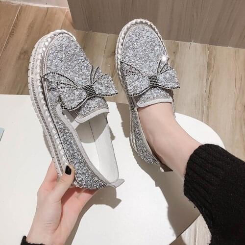Round Toe Shallow Mouth Bow-Knot Winter Shoes Women Female Footwear Loafers With Fur Womens Moccasins Slip-on Crystal Modis