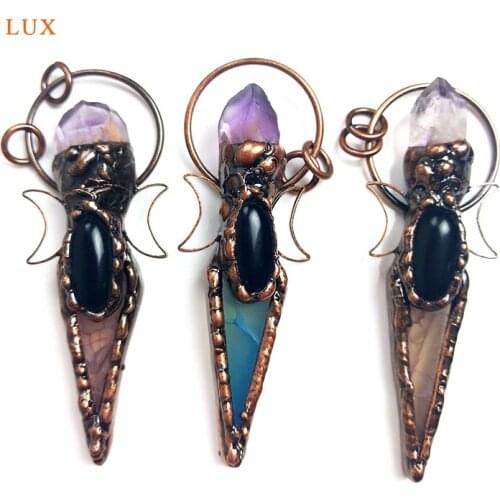 Healing Clear Quartz Crystal Pendant Pointed Raw Amethyst Crystal Bronze Obisidian Pendant For Necklace Jewelry Designer Charms