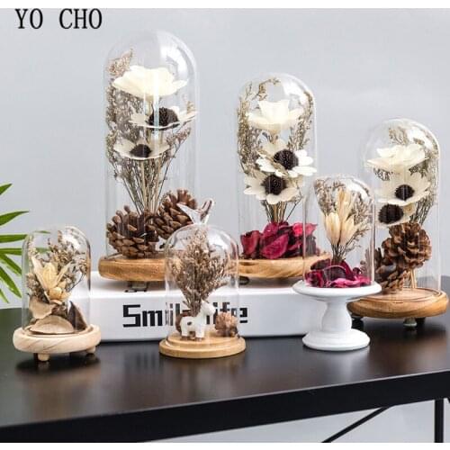 YO CHO Sunflower In Glass Cover Valentines Christmas Gift Wooden Pinecone Dyed Cotton Husk Dried Flower Home TV Counter Decor