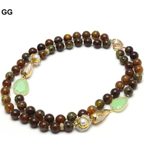 GuaiGuai Jewelry Natural 14mm Smooth Round Fire Agates Green Crystal Gold Color Pearl Quartz Druzy Choker Necklace 21" For Women