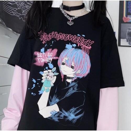 Autumn tshirt Casual Anime Bunny Print Tee Aesthetic Loose T-Shirts Women Long Sleeve Oversize Streetwear Gothic Harajuku Kawaii