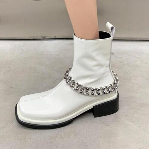 Short Boots Women Genuine Leather Square Toe Chelsea Boots Winter 2021 British Silver Chain Ankle Booties Shoes Botines Mujer