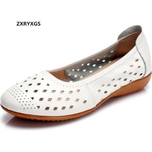 2021 New Summer Hollow Hole Shoes Woman Genuine Leather Sandals Soft Sole Comfortable Sandals Casual Shoes Sandals Big Size 43