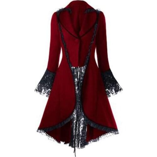 Gothic Retro Women Lace Trim Long Coat Medieval Victorian Lace-Up Bandage Jacket Women Female Christmas Party Dress Overcoat