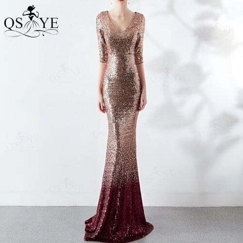 Gold Burgundy Evening Dresses Long Sleeves V neck Prom Gown Mermaid Sequin Party Dress Zipper up Glitter Golden Formal Dress