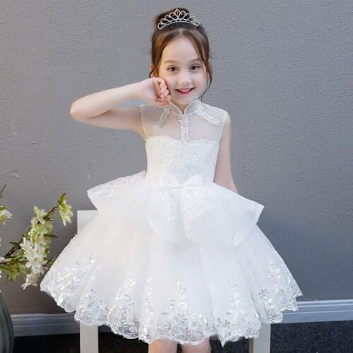 2021 Summer White Kids Dresses For Party Wedding Dress Beads Sequins Children Pageant Gown Girls Princess Dress Toddler Clothing