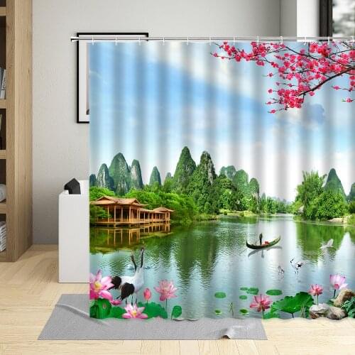 3D Landscape Shower Curtain Mountain Water Lotus Seasides Trees Flowers Forest Bamboo Forest Animal Bird Bathroom Suit With Hook