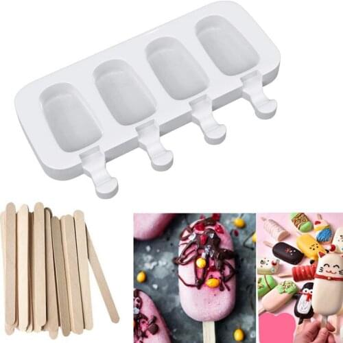 4 Cell Big Size Silicone Ice Cream Mold Ice Cube Tray Popsicle Molds Homemade Dessert Fruit Ice Pop Maker Mould with Sticks