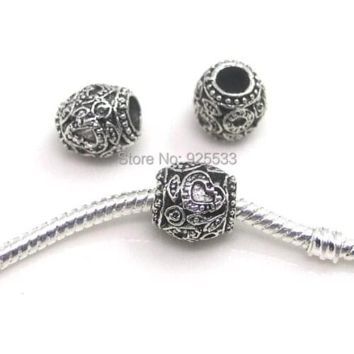 Free shipping 50pcs 11x10x10mm antique silver plated alloy round heart design big hole beads fit European bracelet Jewelry DIY