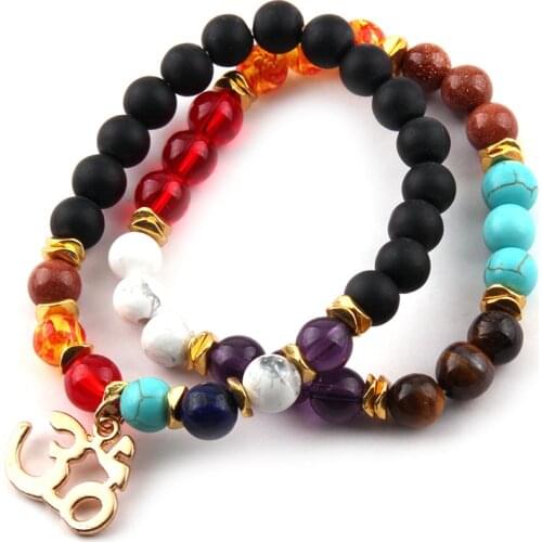 Free Shipping Fashion Beautiful 8MM Natural Stone Yoga Chakra Mala OM Charm Bracelet Set