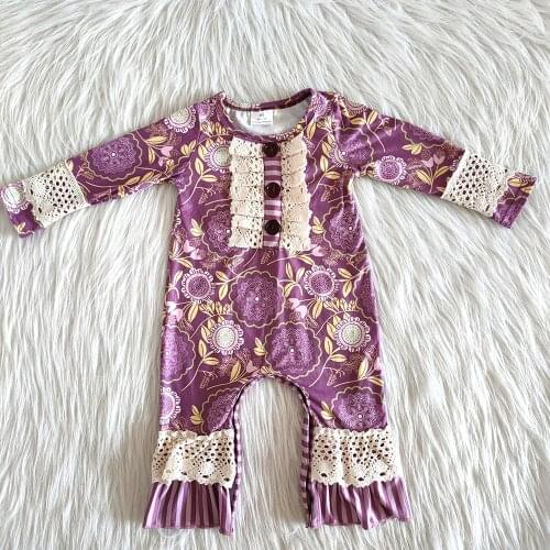 Kid boutique soft material clothing girl long sleeve jumpsuit baby girls purple romper with lace design