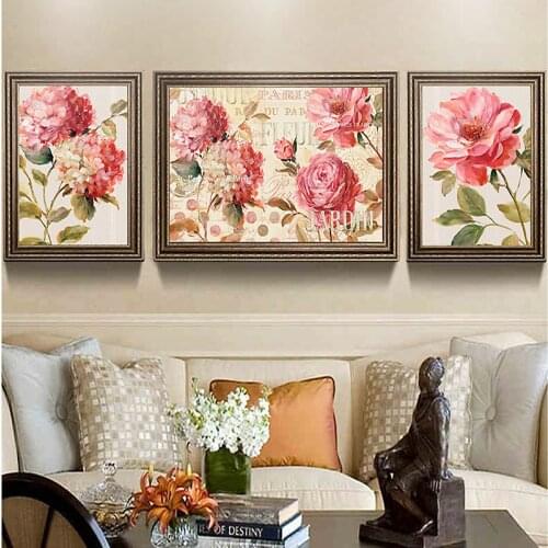 EECAMAI American Village Romantic Flowers Happy Florid Triptych Diamond Painting Cross Stitch Needlew Crafts Christmas Gift
