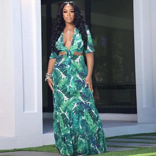 Green Leaves Print Two Piece Skirt Set Summer Vacation Outfits Deep V Neck Short Sleeve Crop Top and Mermaid Maxi Skirt 2021