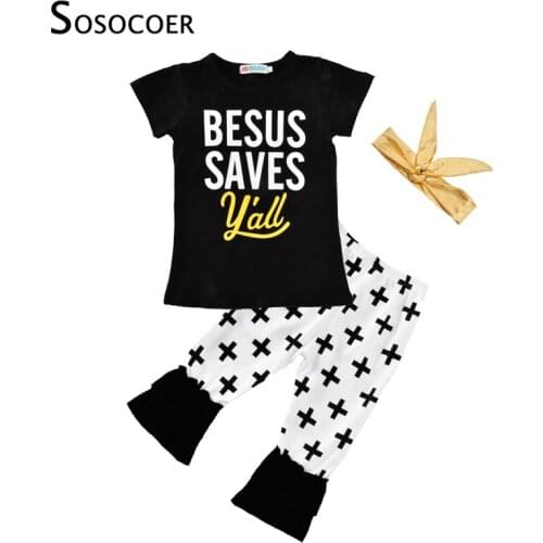 SOSOCOER Girls Clothing Sets Kids Summer Clothes 2017 Brand Letter T-shirt+Cross Pants+Bow Headband 3pcs Baby Girl Clothing Set