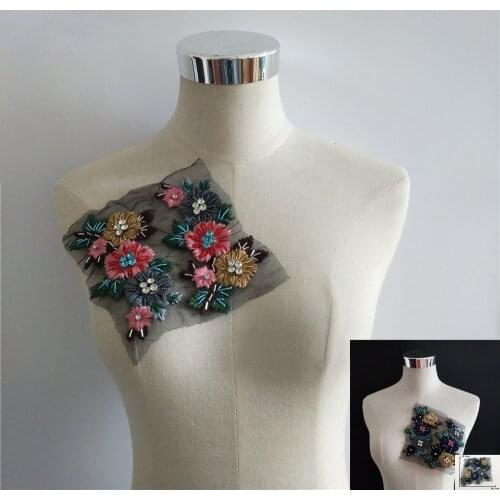 New arrive Embroidery 3D Flower Lace Collar Sewing Rhinestone Lace Neckline DIY Trim Applique Craft Clothing Accessory 1pcs sell