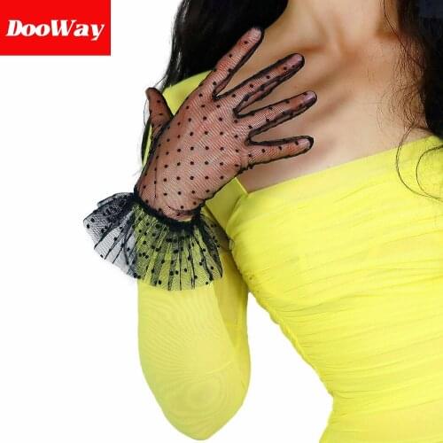 DooWay Lace Short Sheer Gloves Touchscreen Ruffled Trim Tulle Mesh for Women Wedding Pary