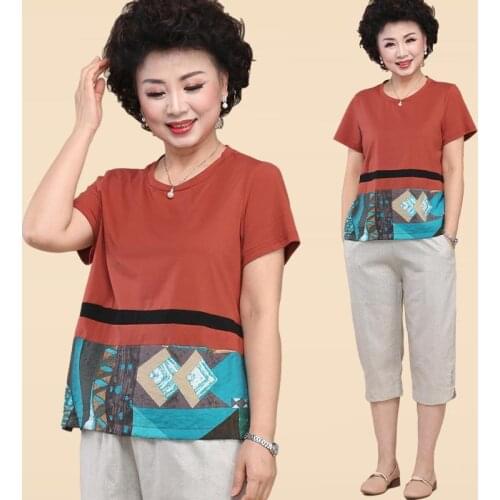 Summer Women Suits Middle-aged Mother Short-sleeved T-shirt Tops + Pants Plus Size Two-piece Suit Female Casual Pants Set L515
