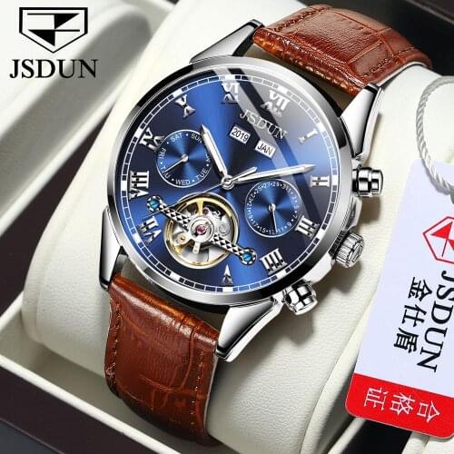 Mens watches JSDUN high-end waterproof leather chronograph Sport automatic wristwatch for man Leather Watch religio masculino