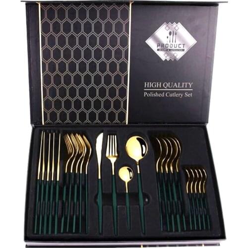 24PCS Gold Tableware Cutlery Dinner Set Cutlery Sets Dishes Knives Forks Spoons Western Kitchen Dinnerware 18/10 Stainless Steel