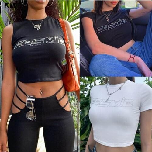 New Summer Women Short Sleeve Sexy Letters Printed T-Shirts Silver Hot Drill Rhinestone Cosmic Crop Top Club Party Streetwear