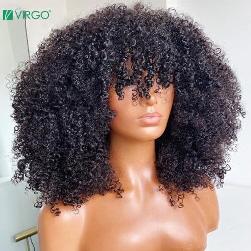 Virgo 180 Density Afro Kinky Curly Lace Front Human Hair Wigs With Bangs Short Bob Lace Frontal Wig For Women 4B 4C Remy