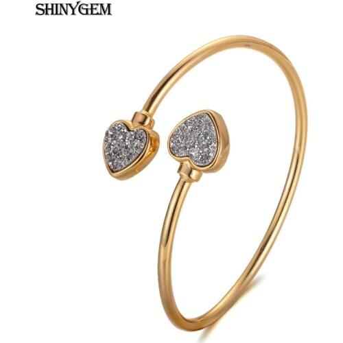 ShinyGem Vintage Adjustable Natural Stone Open Cuff Bangle Bracelets Gold Plating Retro Love Heart Druzy Stone Bangles For Women