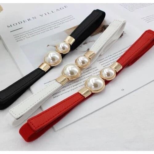 Fashion Women Double Pearl Belt Female Black Red White PU Leather Dress Skirt Waist Elastic Thin Belts Ladies Designer Waistband