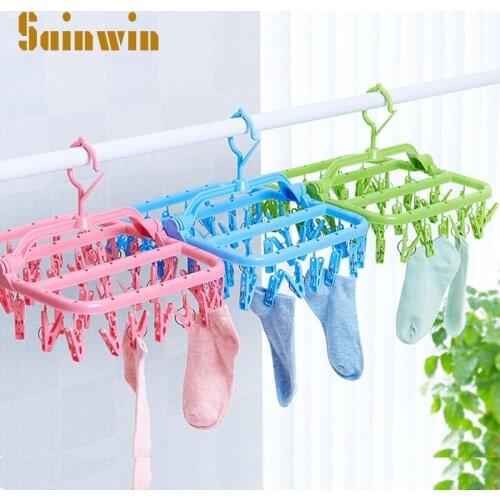 Sainwin 1pcs 32clips folding clothes rack adult windproof dryer plastic hanger multi-clips childrens socks rack