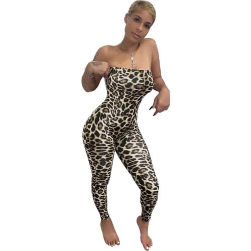 Sexy off Shoulder Long Jumpsuit Fashion Leopard Printed Club Rompers Womans Summer Jumpsuit Strapless Bodycon Long Pants 2021