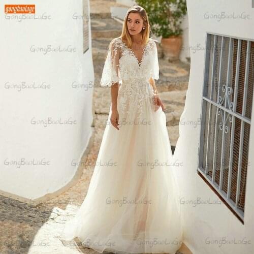 Fashion Wedding Dress A Line 2021 Свадебное Платье V Neck Lace Appliques Bridal Gowns Backless Slim Fit Tulle Vestido De Noiva