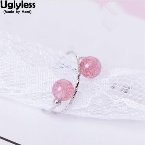 Uglyless 100% Real 925 Sterling Silver Multi Layers Spring Rings for Women Pink Strawberry Quartz Balls Adjustable Rings Twisted