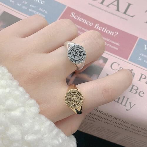 Punk Vintage Round Rings For Women Stainless Steel Gold Sun Face Ring Couple Stranger Things Jewelry Gift Gothic Accessories