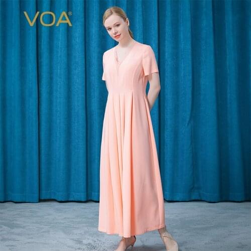VOA 2021 Summer Silk 36m/m Elastic Heavy Crepe Pink Princess Temperament Stitching V-neck Silk Short Sleeve Pink Dress AE762