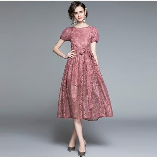 Runway New Women Summer Splicing Lace-Up Slim High-End Dress Vintage Hepburn Female Elegant Short Sleeve Party Dress