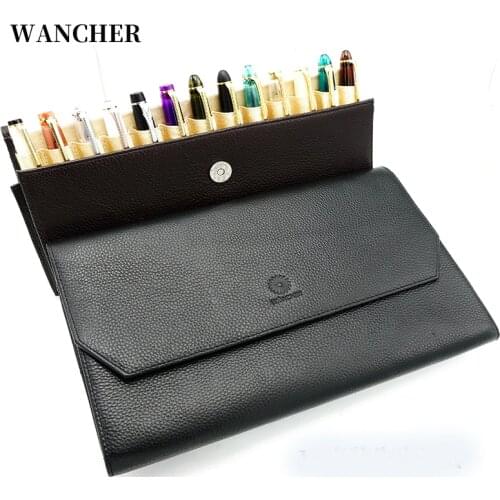 Wancher Pencil Bag Genuine Leather Fountain Pen Case Cowhide High-Capacity 13 Pens Holder Pouch Sleeve Best Seller
