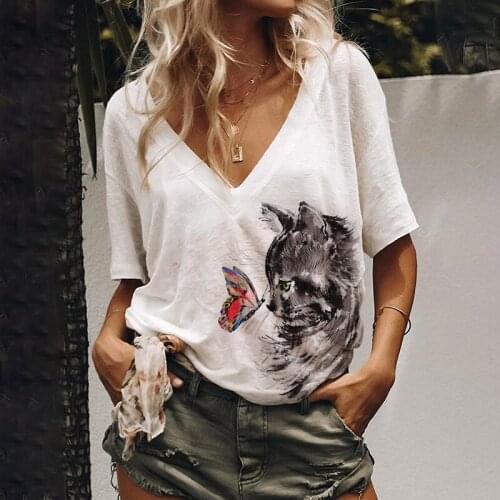 Womens T-Shirt Summer Cute Cat Female Clothes Half Sleeve V- Neck Lady Tops Loose Comfortable Soft Women T-Shirts