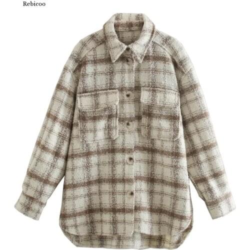 Chic Coffee-Beige Plaid Shirt Jacket Women Fashion Turn-down Collar Pockets Buttons Coat Girls Chic Streetwear