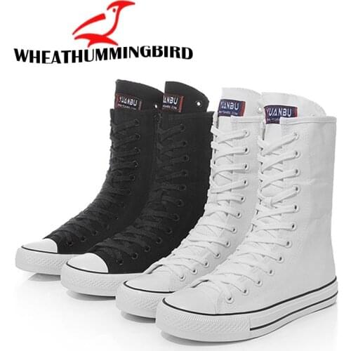 Zipper canvas Women Lace-up Mid Calf Boots Flat Heel Female Casual Shoes High-top boots flats Canvas shoes Big Size 35-43 MA-80