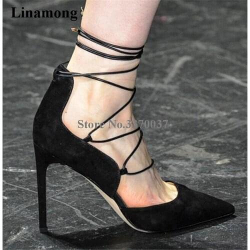 Linamong Women Fashion Pointed Toe Suede Leather Stiletto Heel Pumps Lace-up Black Beige High Heels Formal Dress Shoes