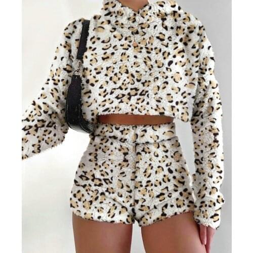 New Fall Winter Women Flannel Sets Leopard Tie Dyed Two Pieces Sport Suits Long Sleeve Hoodies Crop Tops+Shorts Warm Female Set