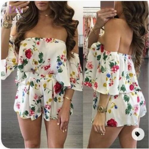 EvaQueen Floral Print Off Shoulder 2 Piece Sets Women Ruched Ruffle Casual Shorts Sets Backless High Waist Casual Ensemble Femme
