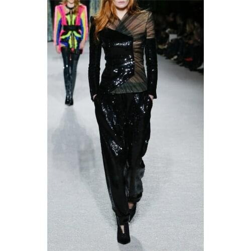Luxury Party Costume Sequins Mesh Patchwork Coat With Pants 2 Pieces Women Sets Celebrity Clothes